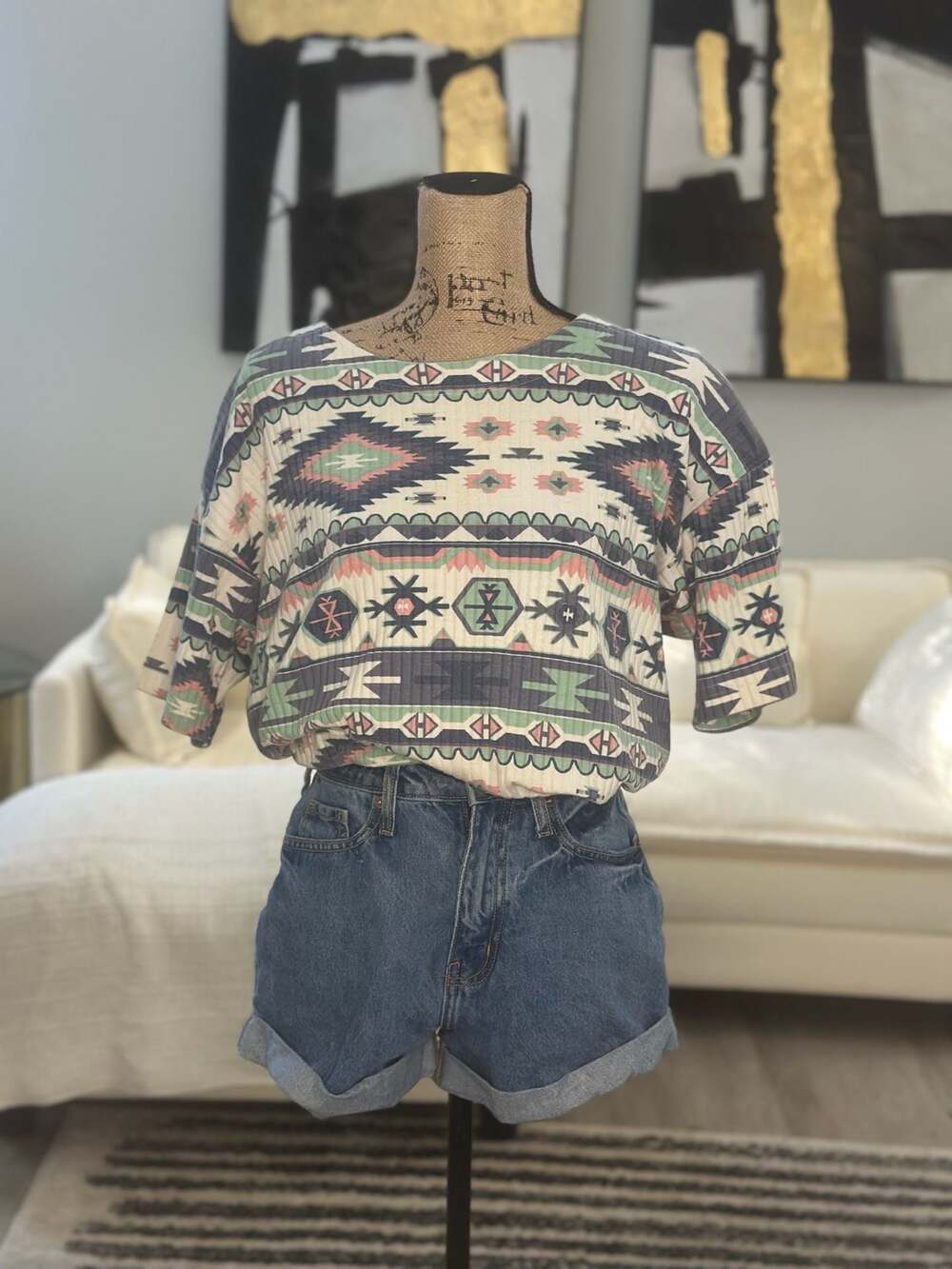 Vintage Golden Touch Southwestern Print Ribbed Short Sleeve Top Medium